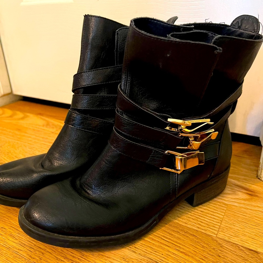 JustFab ankle boots with gold buckles